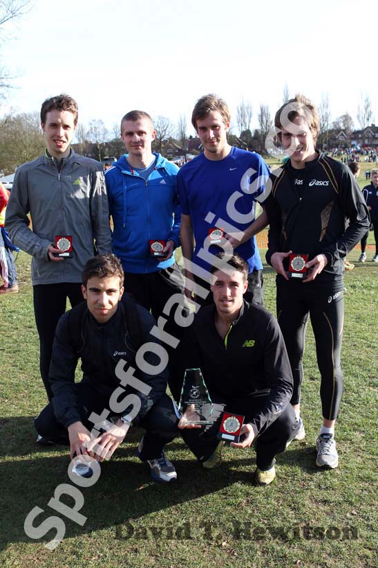 North East Senior Men team winners, from left to right, back row: Carl Smith, Peter Newton, Matt Nicholson, Lewis Timmins; front row: Jonathan Taylor and Ricky Stevenson, McCain Inter Counties Cross Country, Cofton Park, Birmingham.